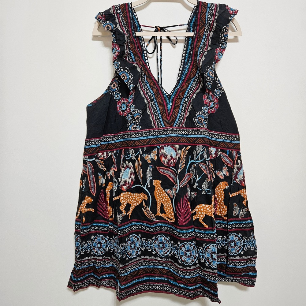 Anthropologie NWOT Cat Jungle Print Ruffle V-Neck Mini Dress Black Multi 2X - Picture 10 of 11